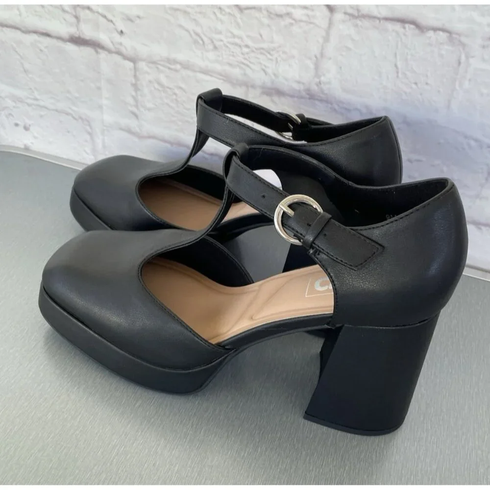 Pop Women Black Block Heel Platform Y2K Mary Jane Dress Shoes Size 9M - Picture 3 of 10